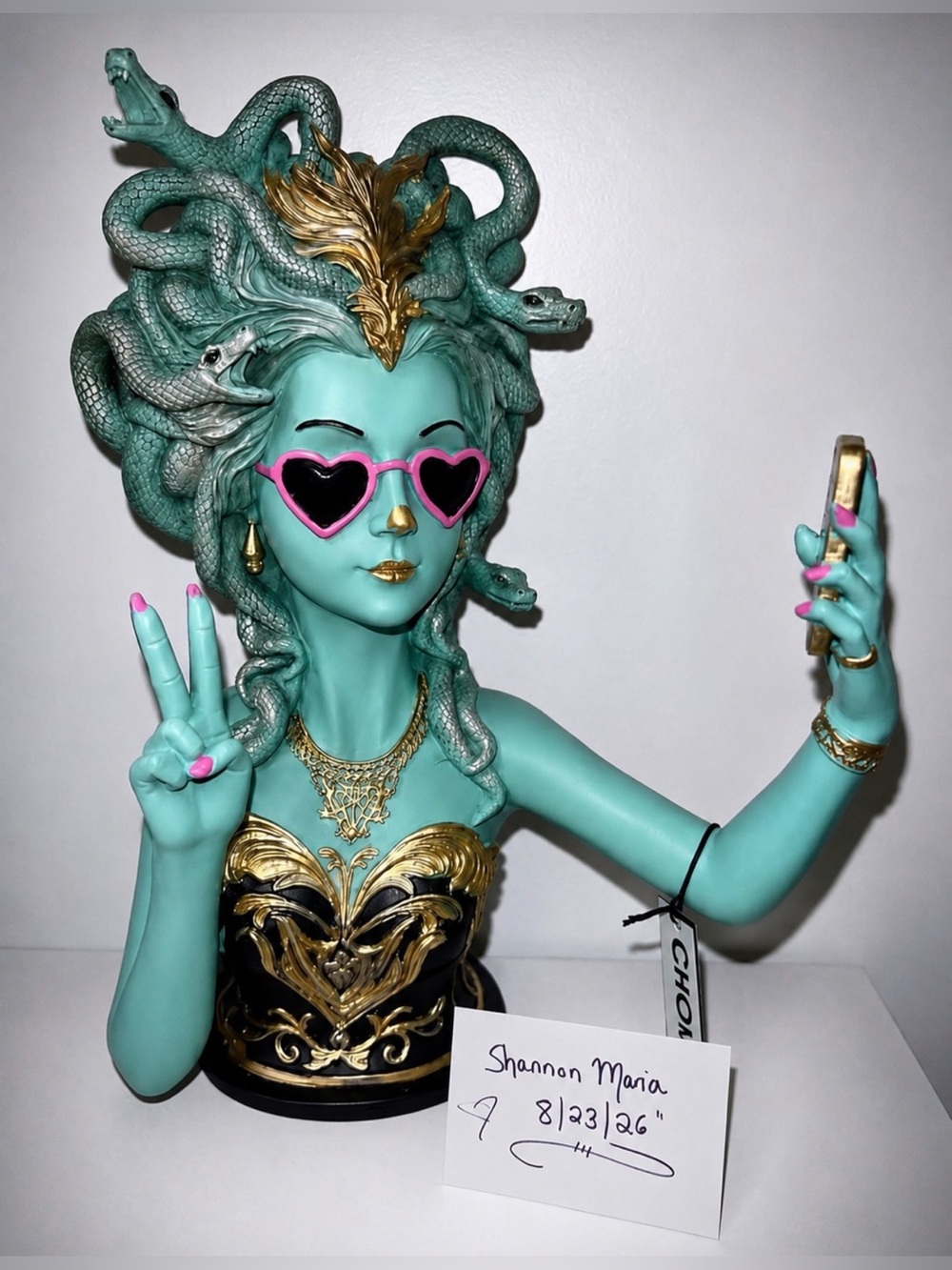 Fashion Medusa Bust Statue in Teal with Gold Accents